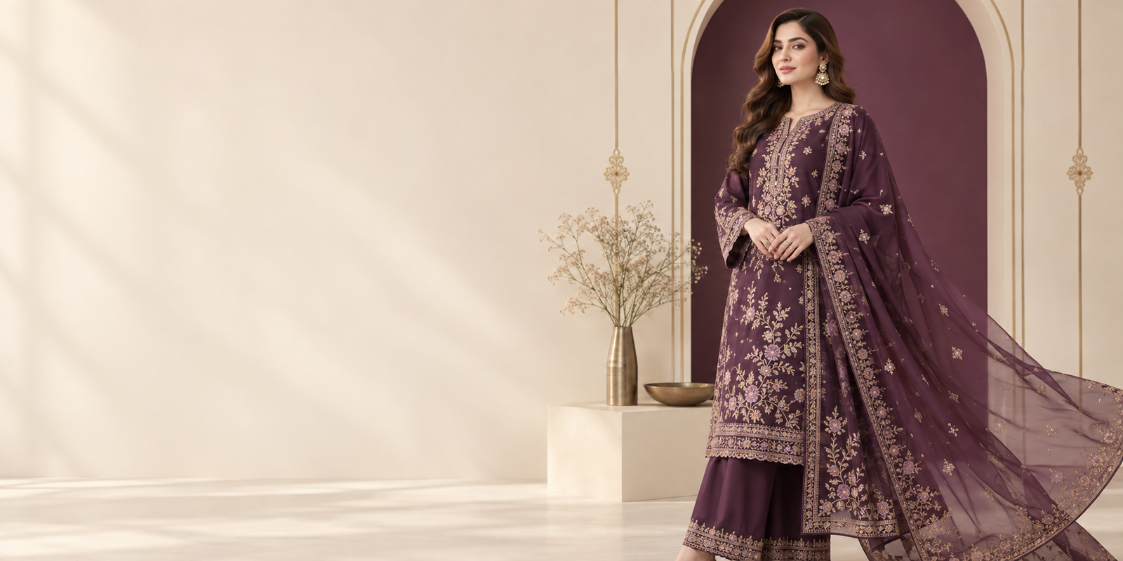 Pakistani woman modelling a deep plum embroidered suit with chiffon dupatta