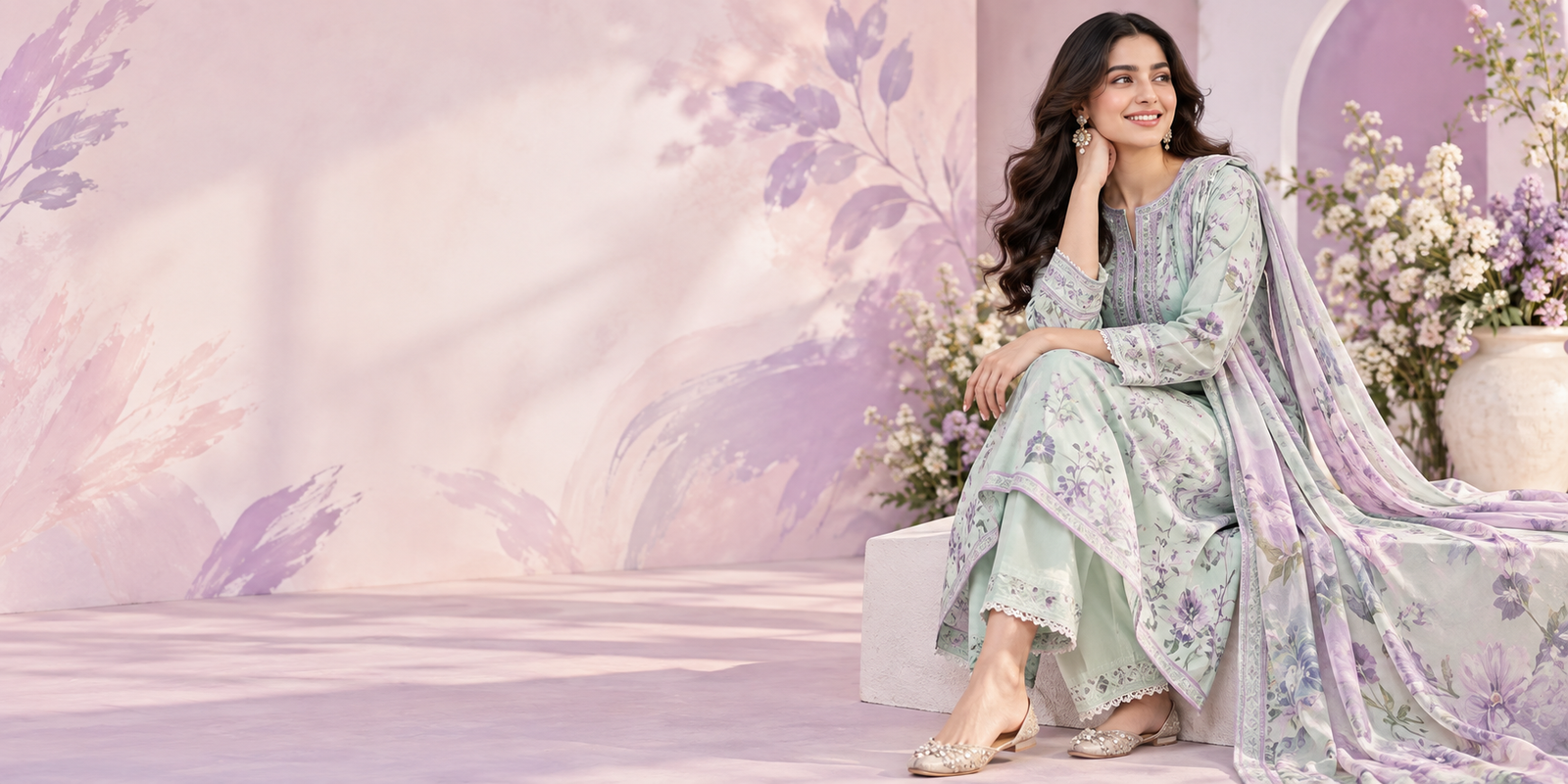 Pakistani woman wearing a mint and lilac printed lawn three piece suit