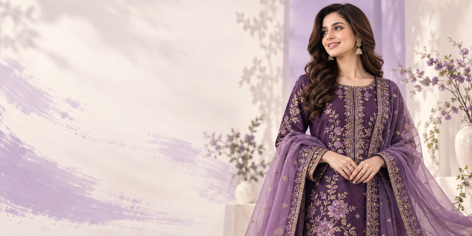 Pakistani woman wearing a purple embroidered three piece suit from Feastoza new arrivals