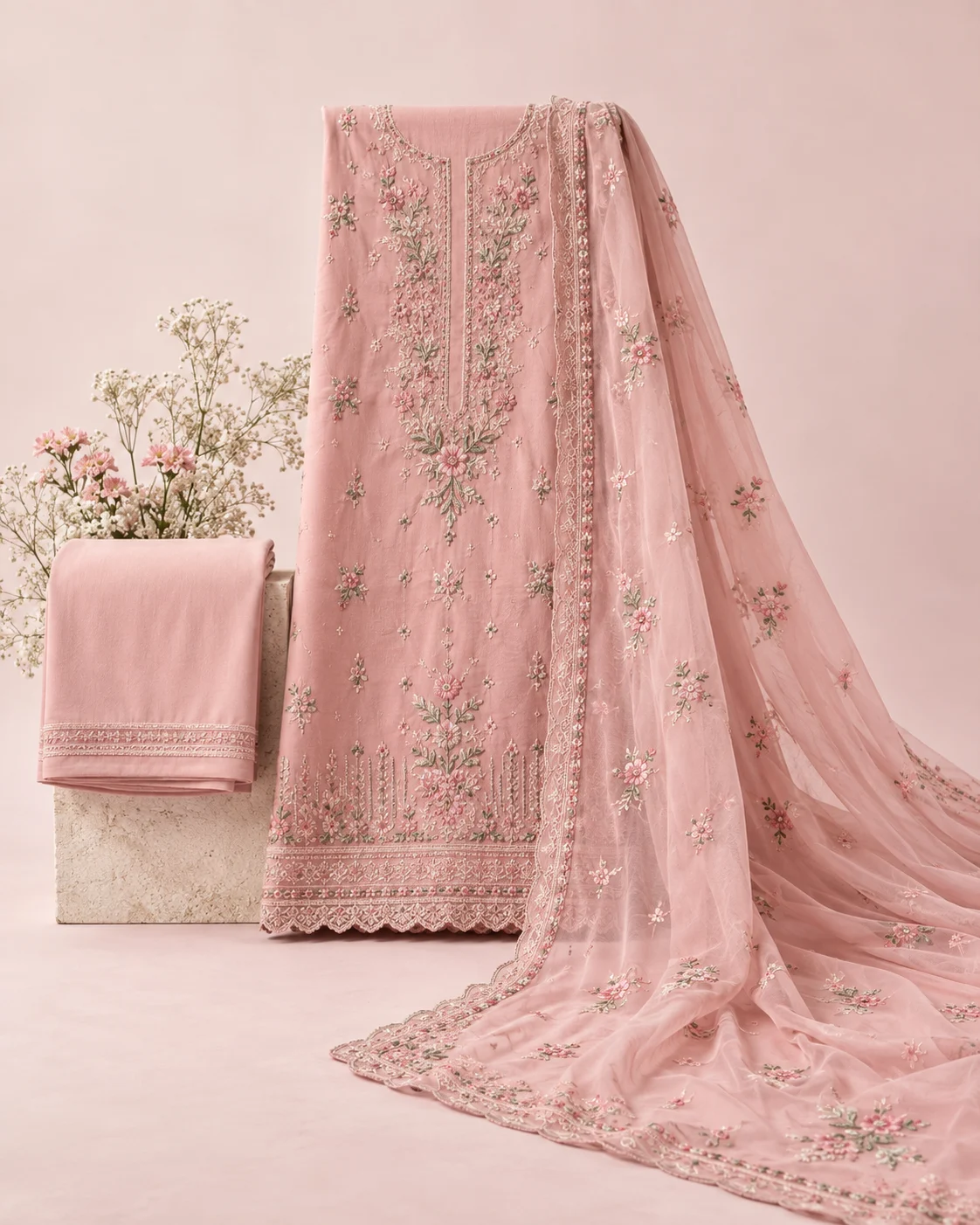 Blush embroidered suit with chiffon dupatta