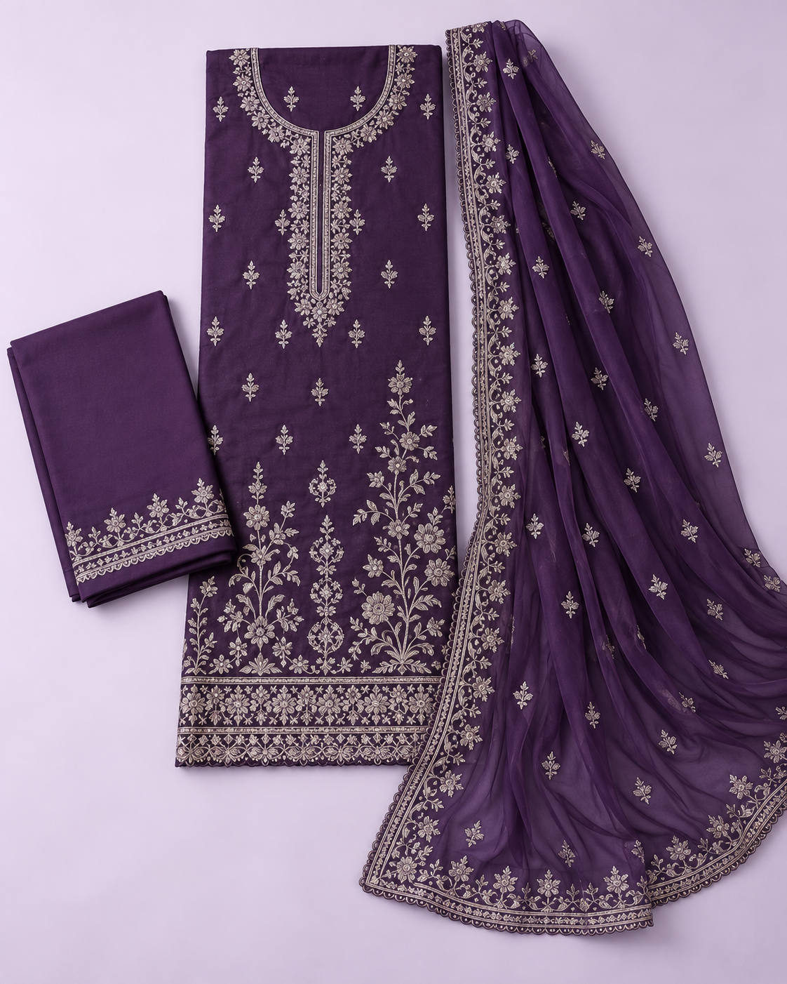 Deep violet embroidered unstitched three-piece suit