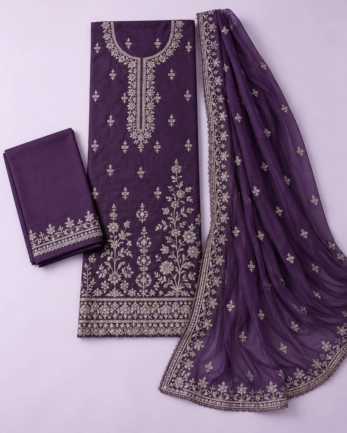 Deep violet embroidered unstitched three-piece suit