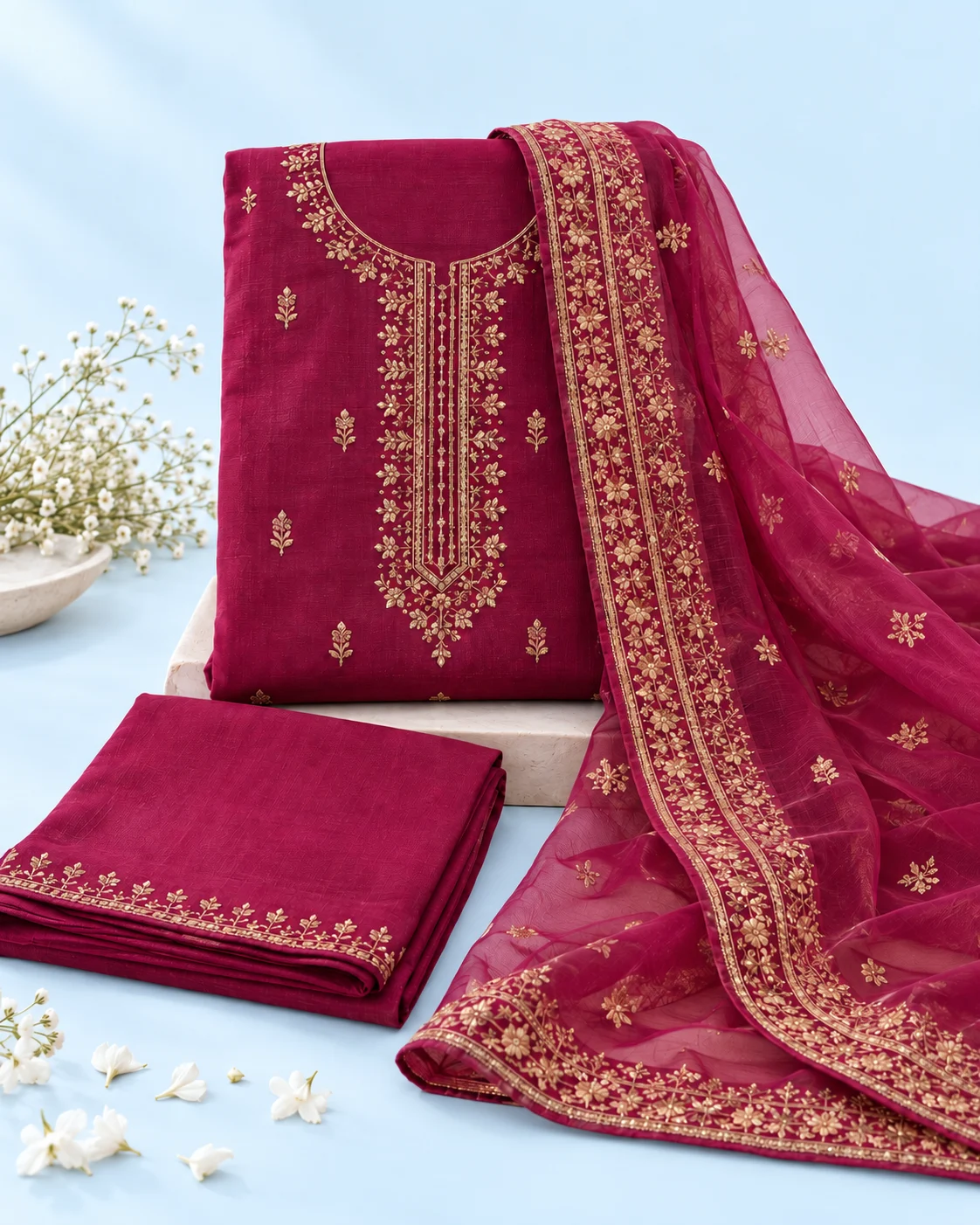 Magenta festive embroidered unstitched suit on a powder-blue background