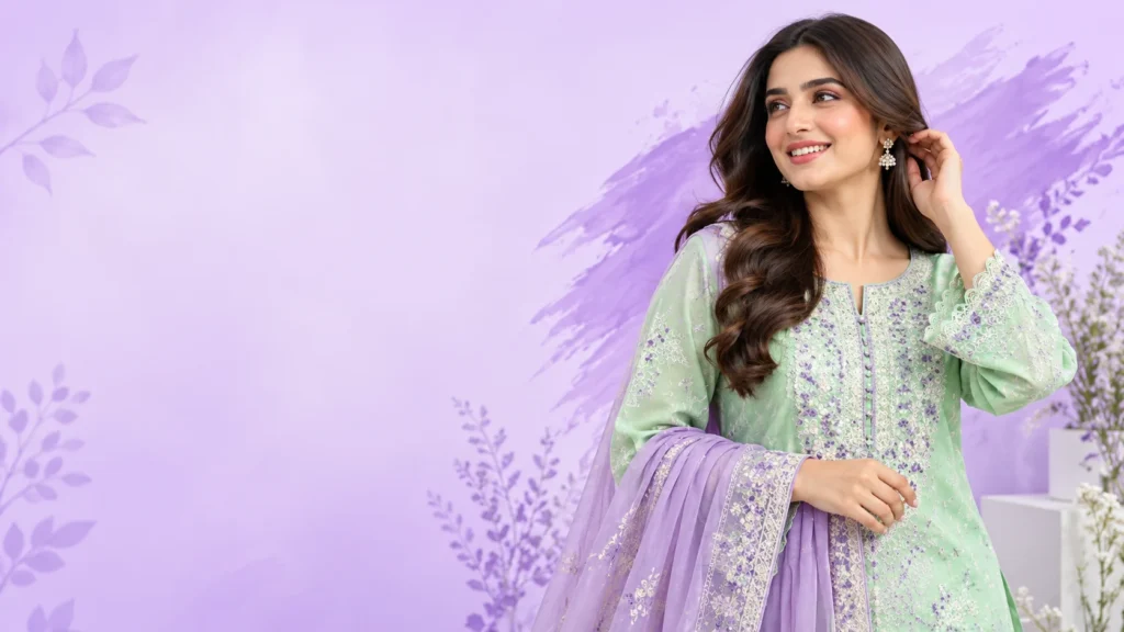 Woman wearing a mint embroidered three-piece suit with lavender chiffon dupatta