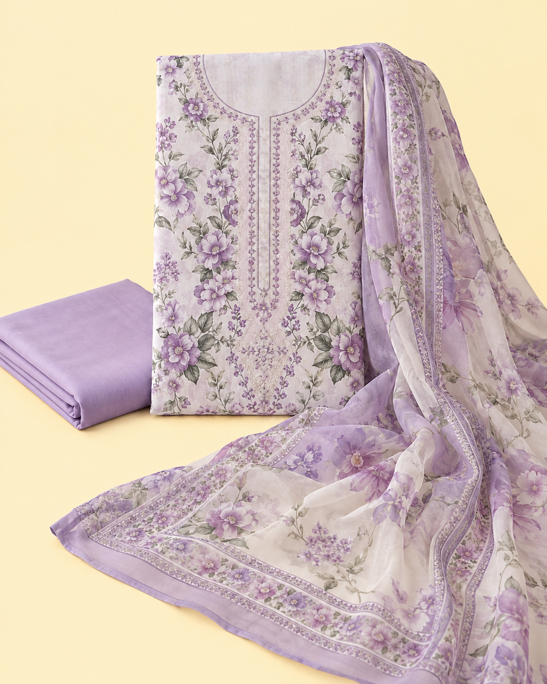 Lilac floral unstitched three-piece lawn suit on a butter-yellow background
