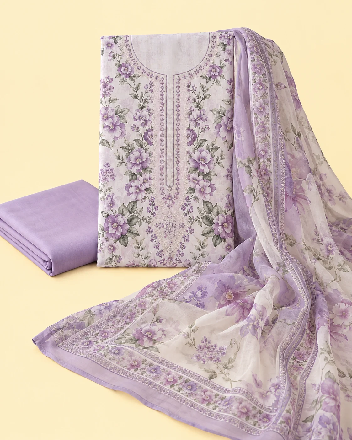 Lilac floral unstitched three-piece lawn suit on a butter-yellow background