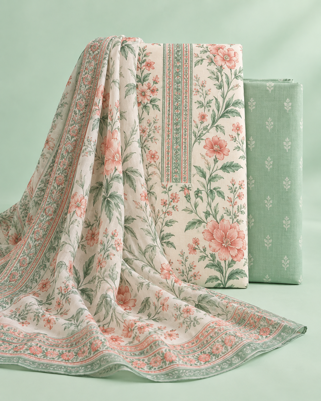 Mint and coral printed unstitched lawn suit