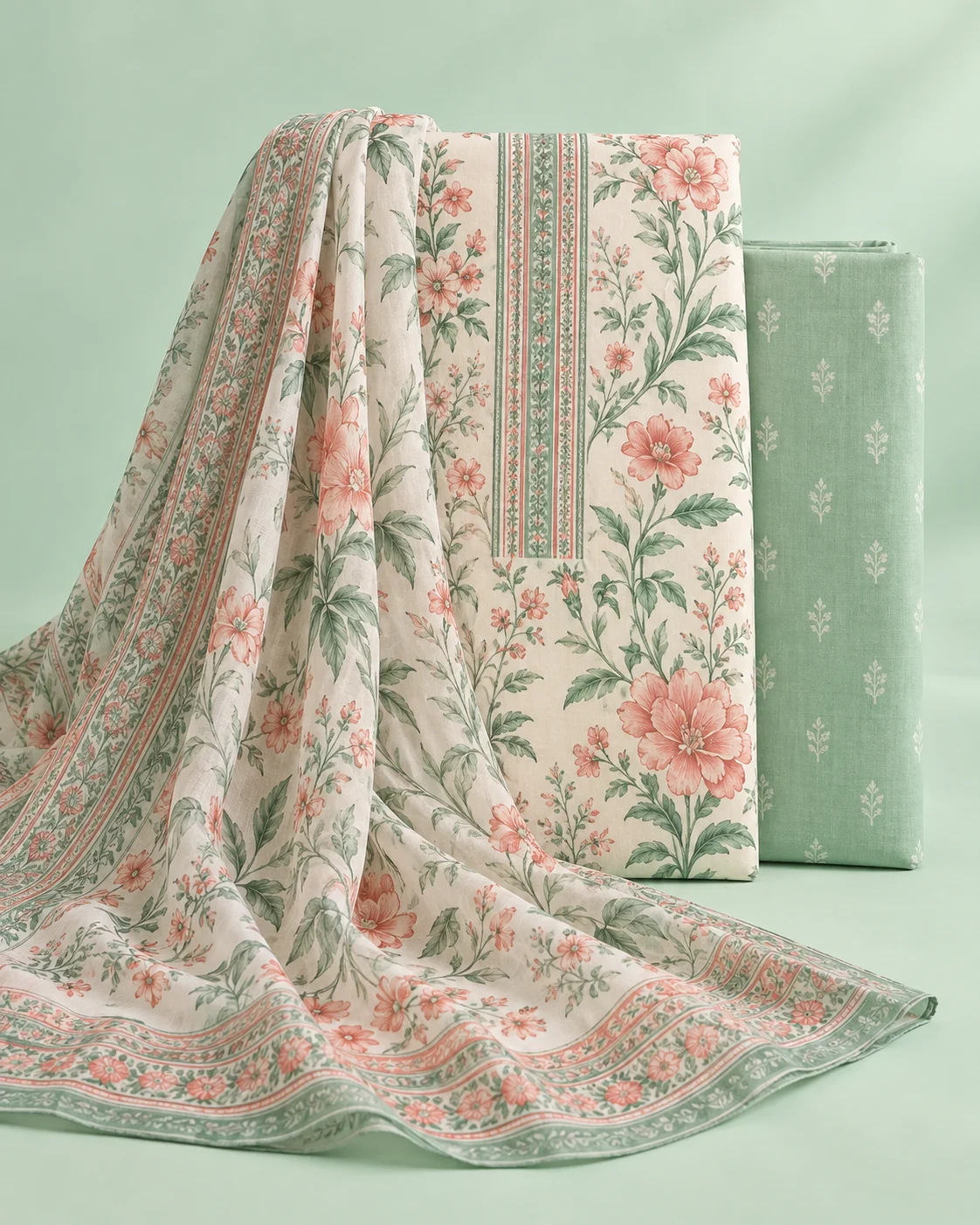 Mint and coral printed unstitched lawn suit